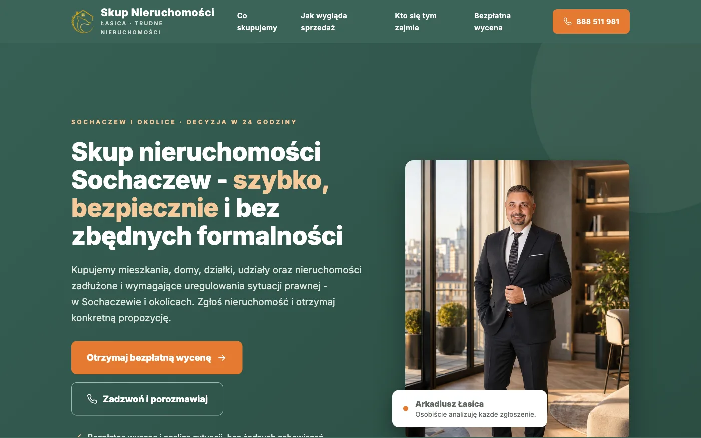 Strona internetowa skupu nieruchomości w Sochaczewie - Łasica Trudne Nieruchomości, realizacja Widoczny Specjalista